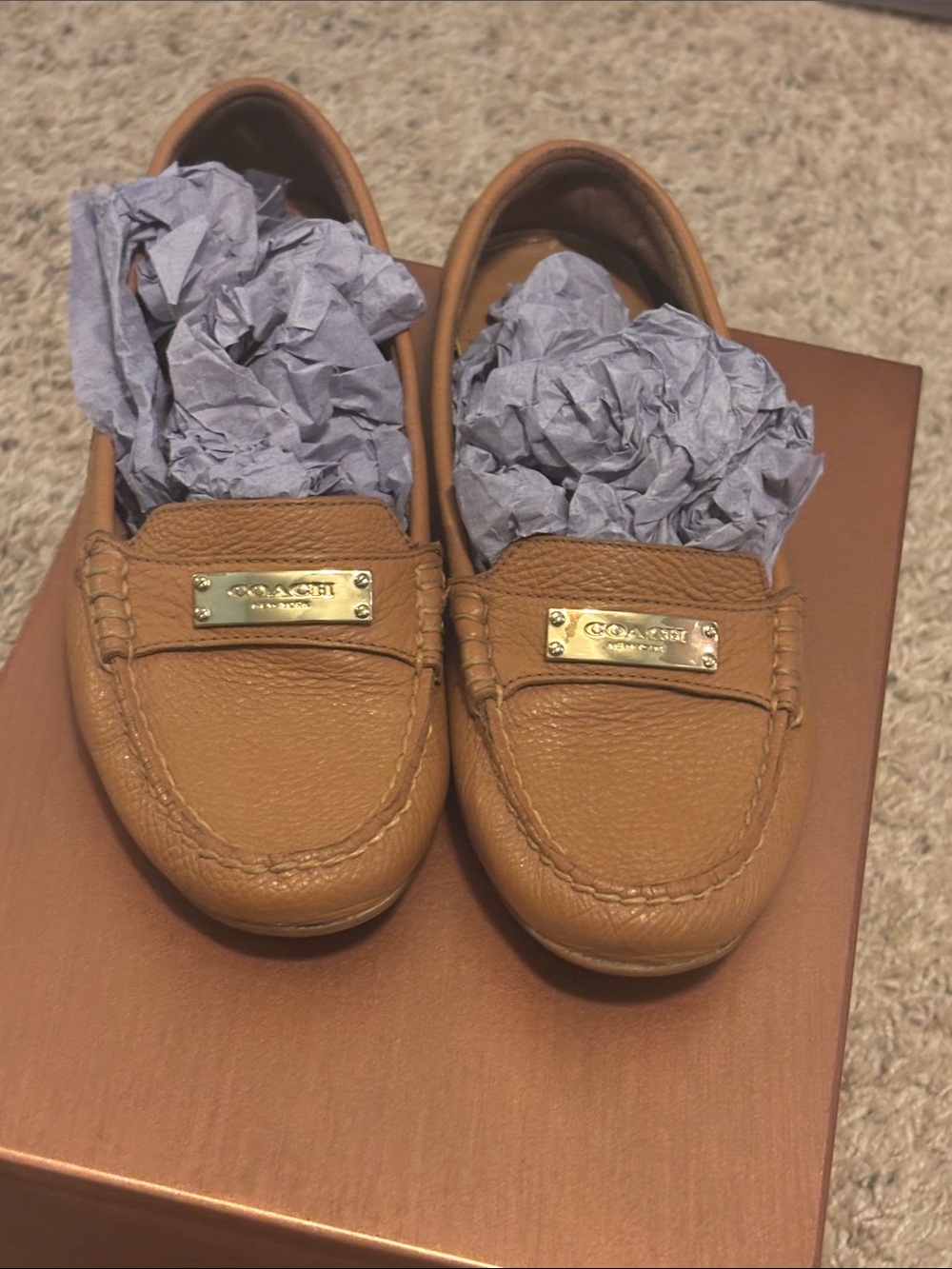 Coach Tan Leather Moccasin Loafers with Gold Plaque